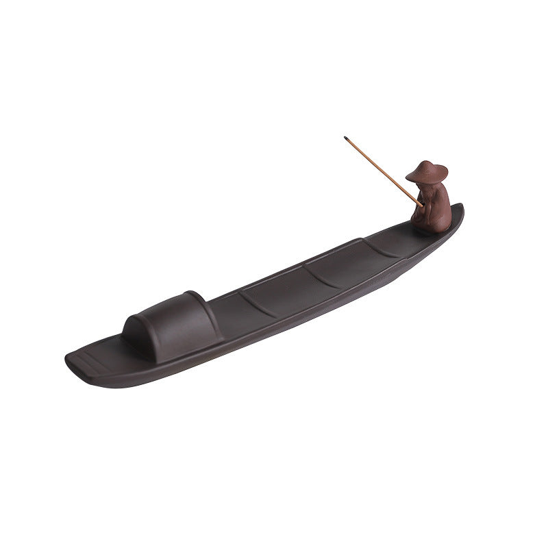 Solitary Fisherman Zisha Boat Incense Stick Holder & Ash Catcher