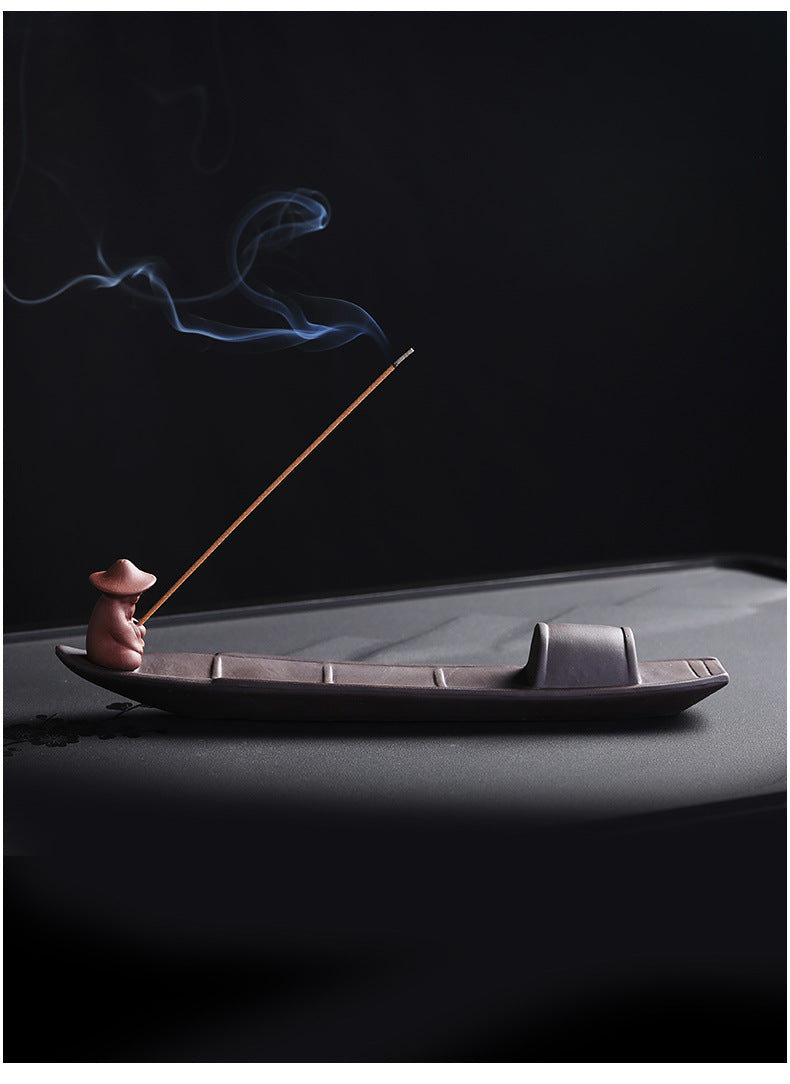 Solitary Fisherman Zisha Boat Incense Stick Holder & Ash Catcher