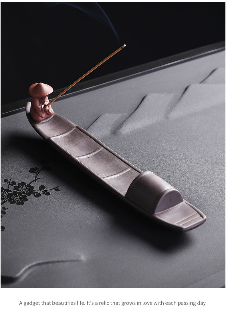 Solitary Fisherman Zisha Boat Incense Stick Holder & Ash Catcher