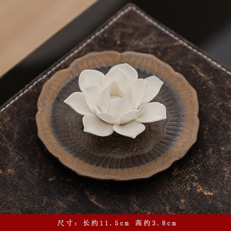 Ceramic Lotus Incense Stick Holder with Textured Ash Catcher Dish - Zen Tea Room and Meditation Decor