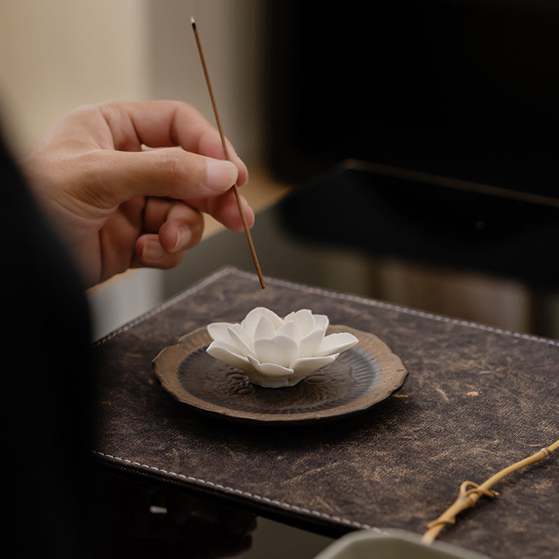 Ceramic Lotus Incense Stick Holder with Textured Ash Catcher Dish - Zen Tea Room and Meditation Decor