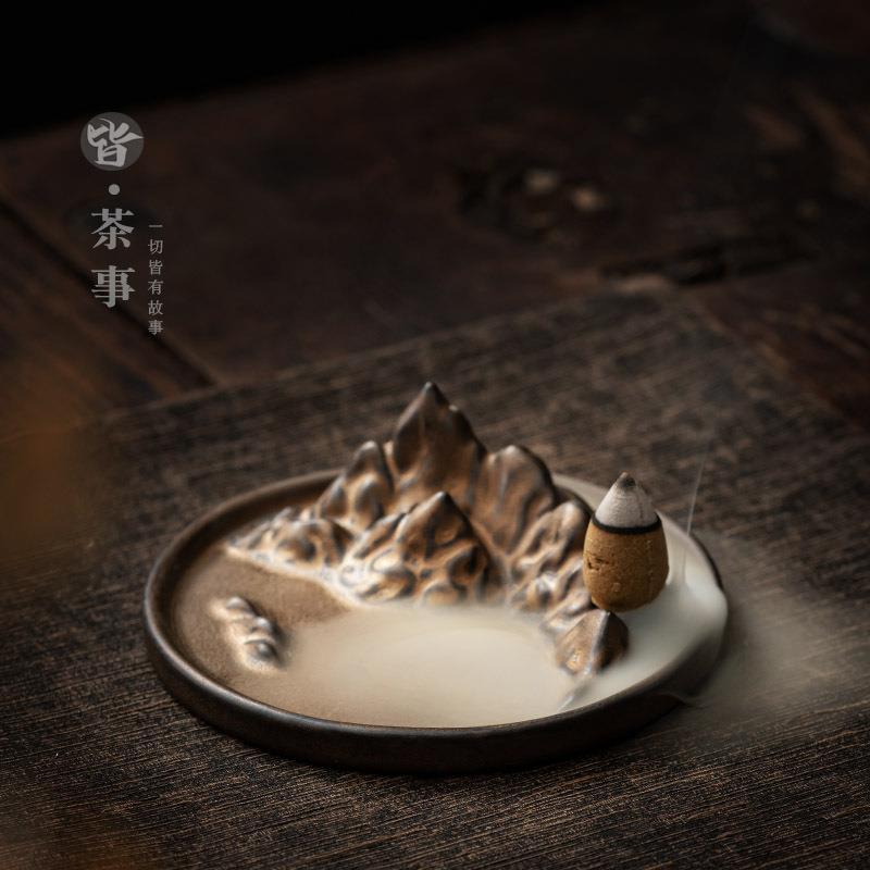 Ceramic Mountain Incense Burner – Vintage Gilded Landscape Ash Catcher for Sticks, Coils & Backflow Cones