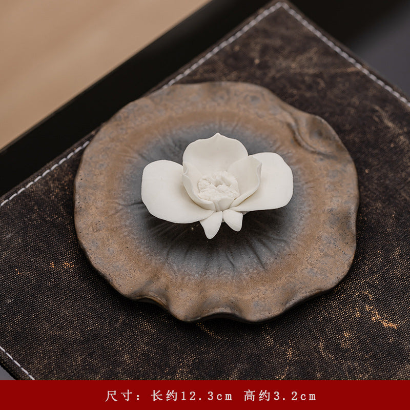 Ceramic Lotus Incense Stick Holder with Textured Ash Catcher Dish - Zen Tea Room and Meditation Decor