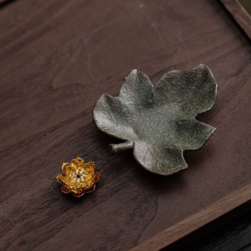 Rustic Ceramic Leaf & Golden Lotus Stick Incense Burner | Zen Ash Catcher Tray