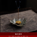 Rustic Ceramic Leaf & Golden Lotus Stick Incense Burner | Zen Ash Catcher Tray