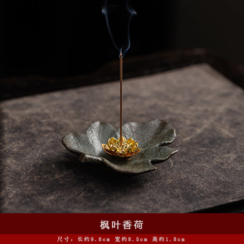 Rustic Ceramic Leaf & Golden Lotus Stick Incense Burner | Zen Ash Catcher Tray