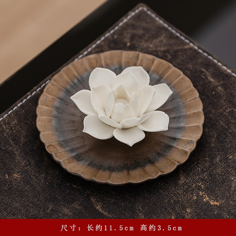 Ceramic Lotus Incense Stick Holder with Textured Ash Catcher Dish - Zen Tea Room and Meditation Decor