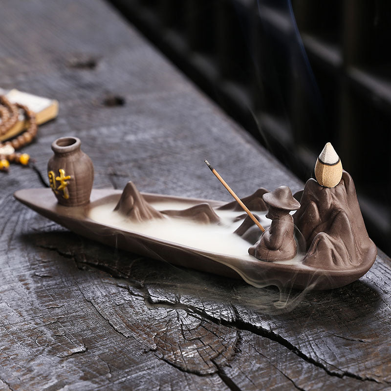 Jingchen Zen Mountain Boat Backflow Incense Burner – Handcrafted Purple Clay Waterfall Smoke & Stick Holder