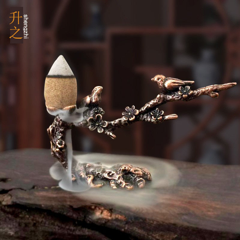 Zen Birds on Plum Blossom Branch Backflow Incense Burner with Leaf Dish