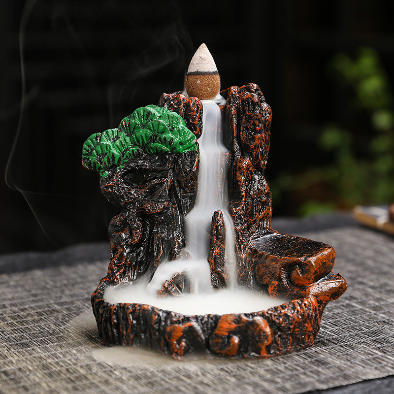 Zen Mountain Waterfall Backflow Incense Burner – Handcrafted Resin Landscape Aromatherapy Smoke Fountain for Home, Office & Meditation