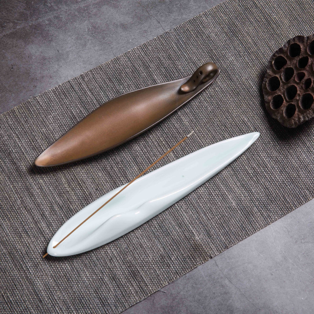 Minimalist Ceramic Incense Stick Holder - Zen Boat & Mountain Ash Catcher Tray