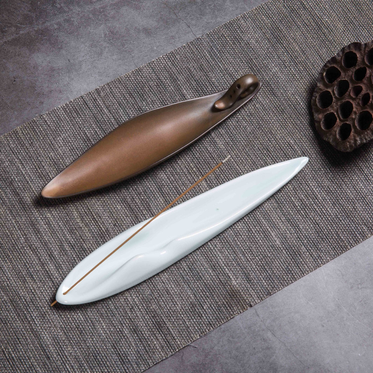 Minimalist Ceramic Incense Stick Holder - Zen Boat & Mountain Ash Catcher Tray