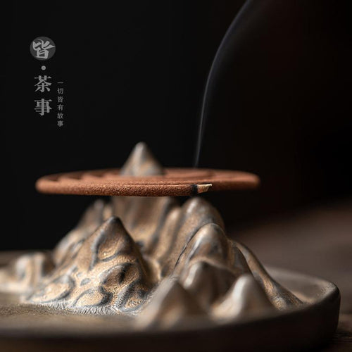 Ceramic Mountain Incense Burner – Vintage Gilded Landscape Ash Catcher for Sticks, Coils & Backflow Cones