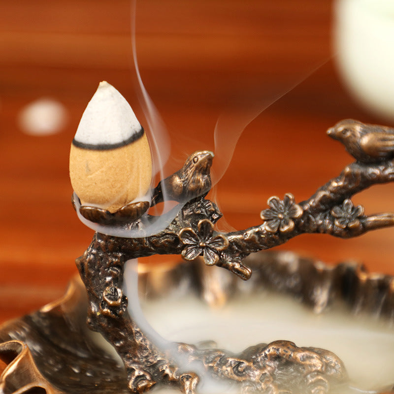 Zen Birds on Plum Blossom Branch Backflow Incense Burner with Leaf Dish