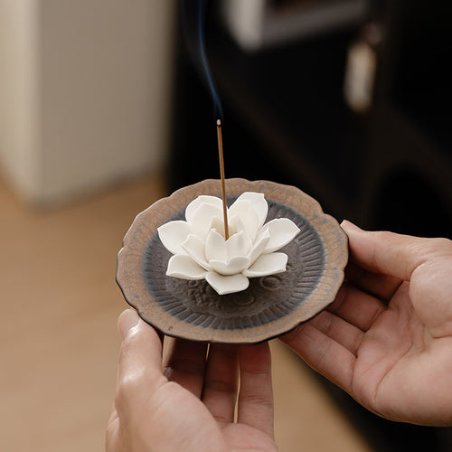 Ceramic Lotus Incense Stick Holder with Textured Ash Catcher Dish - Zen Tea Room and Meditation Decor