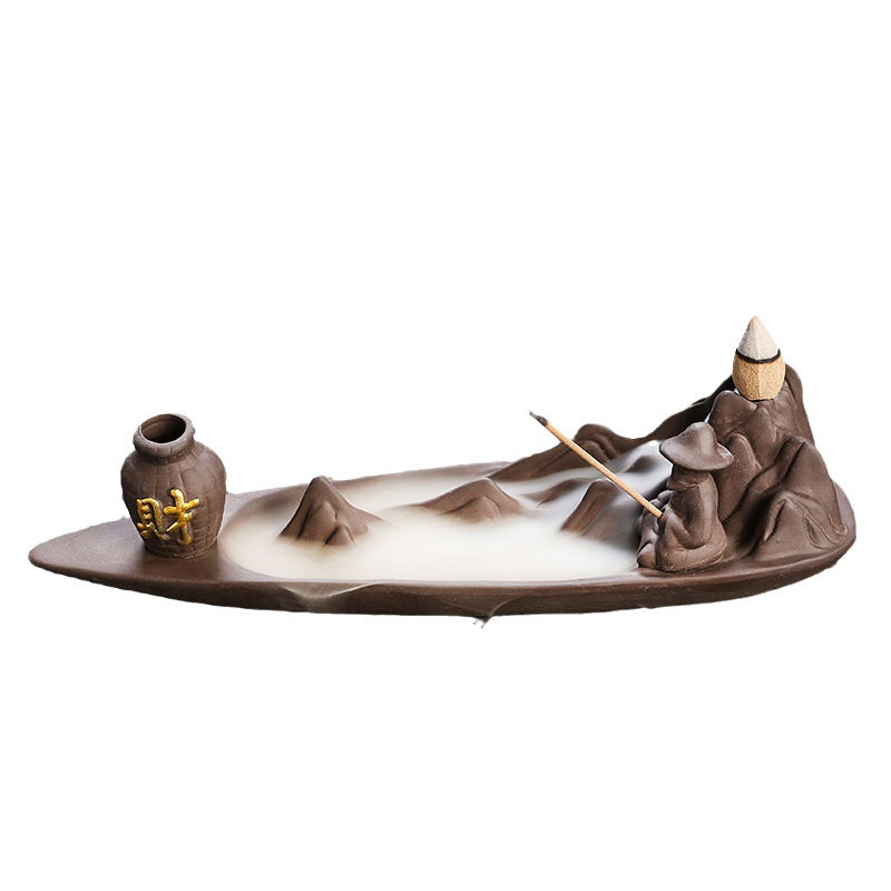 Jingchen Zen Mountain Boat Backflow Incense Burner – Handcrafted Purple Clay Waterfall Smoke & Stick Holder