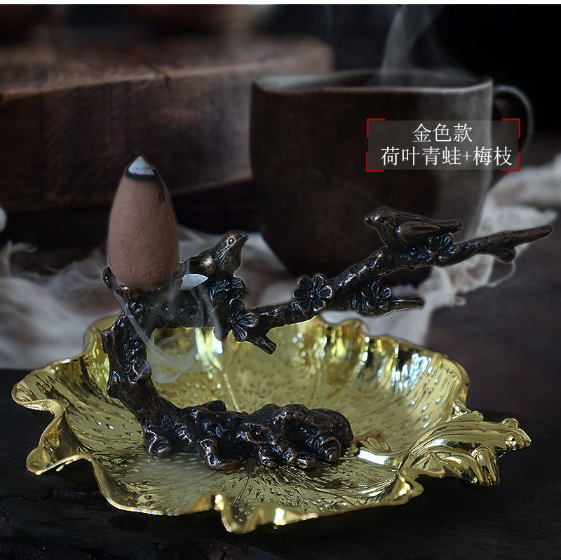Zen Birds on Plum Blossom Branch Backflow Incense Burner with Leaf Dish