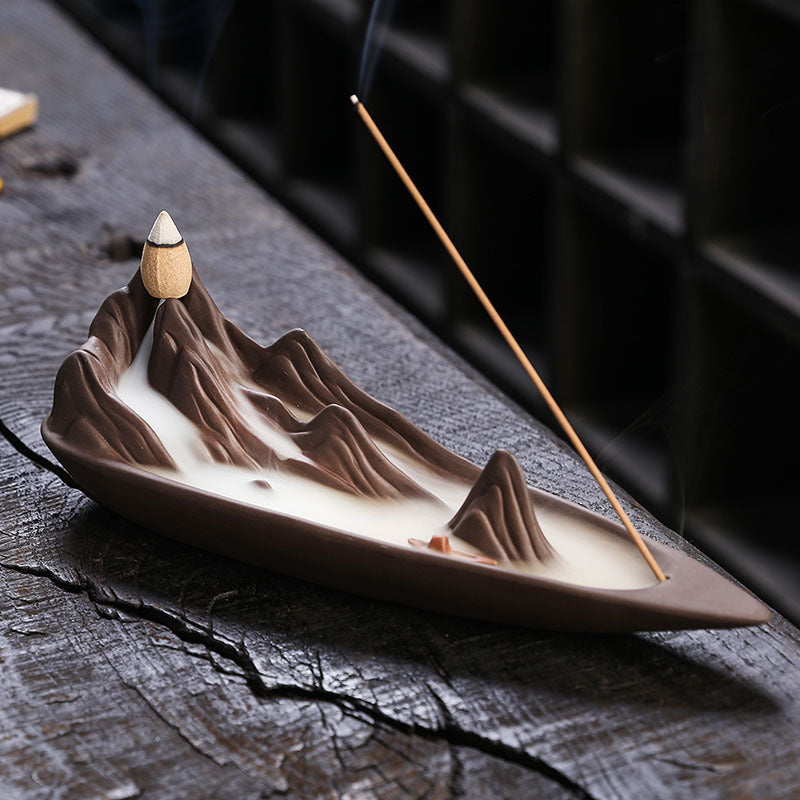 Jingchen Zen Mountain Boat Backflow Incense Burner – Handcrafted Purple Clay Waterfall Smoke & Stick Holder