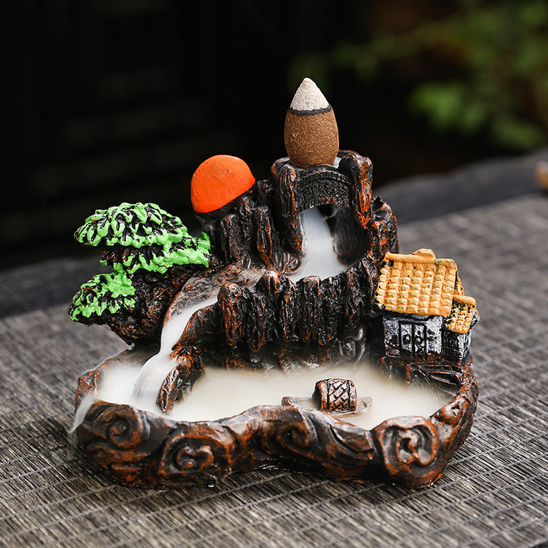 Zen Mountain Waterfall Backflow Incense Burner – Handcrafted Resin Landscape Aromatherapy Smoke Fountain for Home, Office & Meditation
