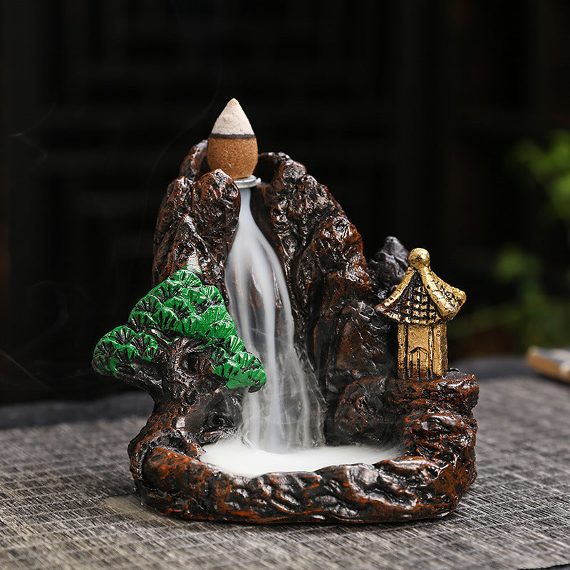 Zen Mountain Waterfall Backflow Incense Burner – Handcrafted Resin Landscape Aromatherapy Smoke Fountain for Home, Office & Meditation