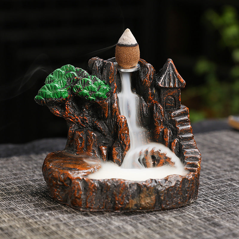 Zen Mountain Waterfall Backflow Incense Burner – Handcrafted Resin Landscape Aromatherapy Smoke Fountain for Home, Office & Meditation