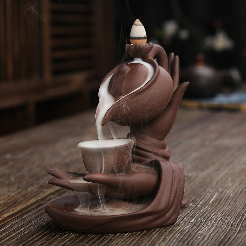 Handcrafted Purple Clay Buddha Hand & Floating Teapot Backflow Incense Burner