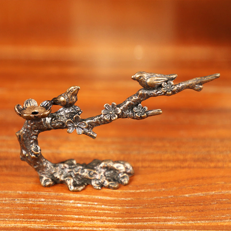 Zen Birds on Plum Blossom Branch Backflow Incense Burner with Leaf Dish