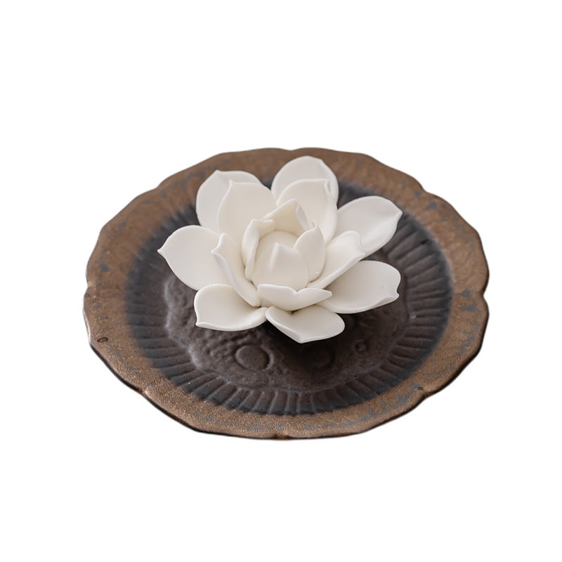 Ceramic Lotus Incense Stick Holder with Textured Ash Catcher Dish - Zen Tea Room and Meditation Decor