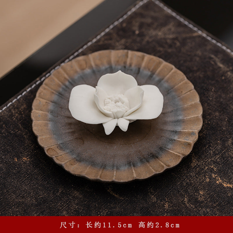 Ceramic Lotus Incense Stick Holder with Textured Ash Catcher Dish - Zen Tea Room and Meditation Decor