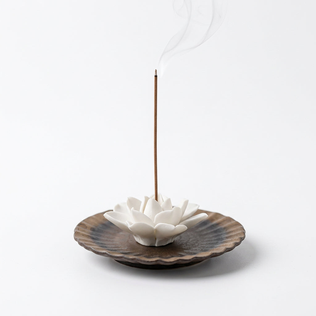 Ceramic Lotus Incense Stick Holder with Textured Ash Catcher Dish - Zen Tea Room and Meditation Decor