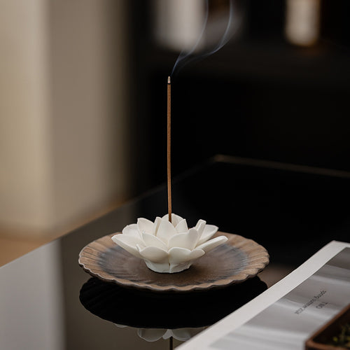 Ceramic Lotus Incense Stick Holder with Textured Ash Catcher Dish - Zen Tea Room and Meditation Decor
