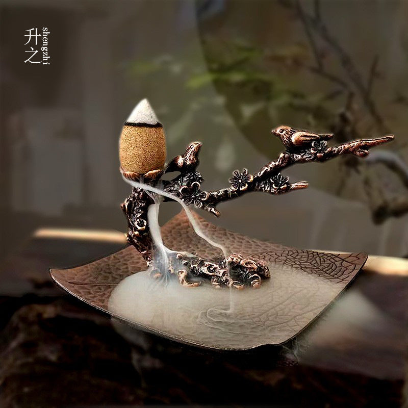 Zen Birds on Plum Blossom Branch Backflow Incense Burner with Leaf Dish