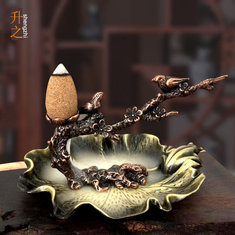 Zen Birds on Plum Blossom Branch Backflow Incense Burner with Leaf Dish