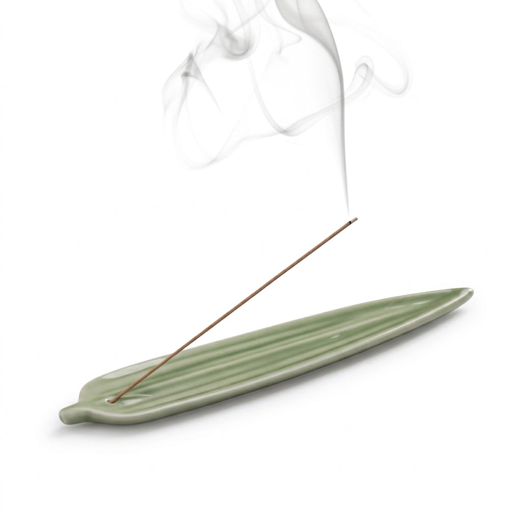 Celadon Ceramic Leaf Incense Stick Holder & Ash Catcher, Minimalist Zen Incense Burner for Meditation and Tea Ceremony