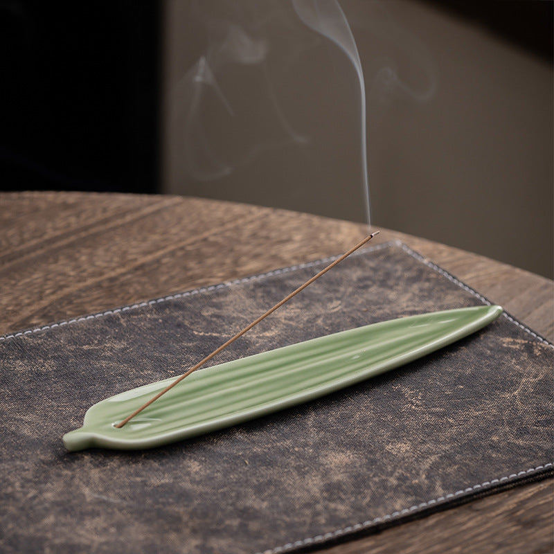 Celadon Ceramic Leaf Incense Stick Holder & Ash Catcher, Minimalist Zen Incense Burner for Meditation and Tea Ceremony