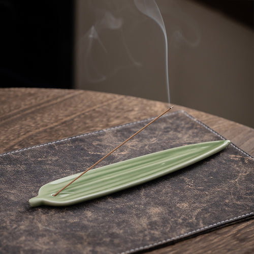 Celadon Ceramic Leaf Incense Stick Holder & Ash Catcher, Minimalist Zen Incense Burner for Meditation and Tea Ceremony