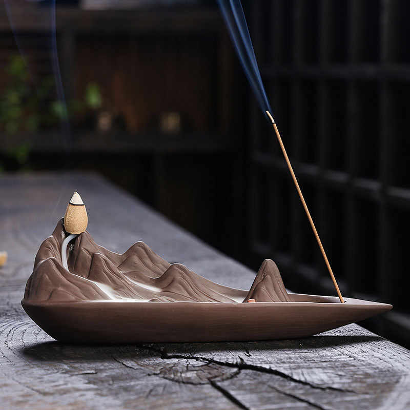 Jingchen Zen Mountain Boat Backflow Incense Burner – Handcrafted Purple Clay Waterfall Smoke & Stick Holder