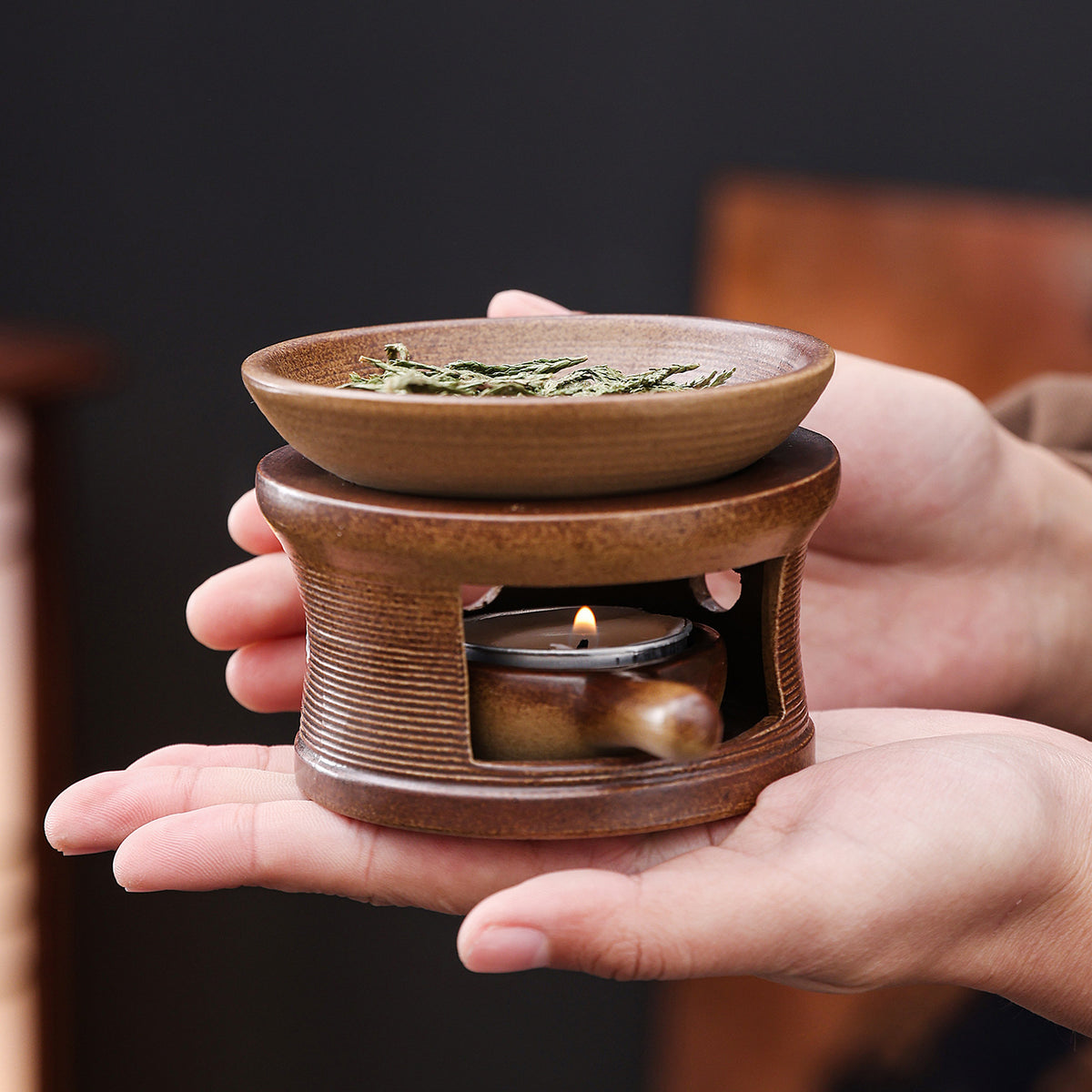 Ceramic Tea Roaster & Essential Oil Wax Burner - Rustic Tealight Aromatherapy Stove for Botanicals, Incense Powder, and Herbs