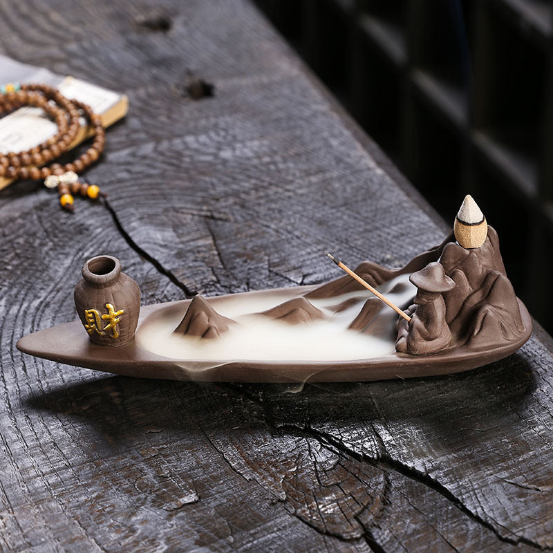 Jingchen Zen Mountain Boat Backflow Incense Burner – Handcrafted Purple Clay Waterfall Smoke & Stick Holder