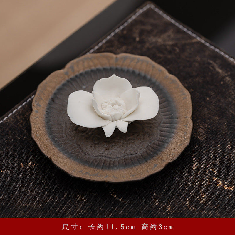 Ceramic Lotus Incense Stick Holder with Textured Ash Catcher Dish - Zen Tea Room and Meditation Decor