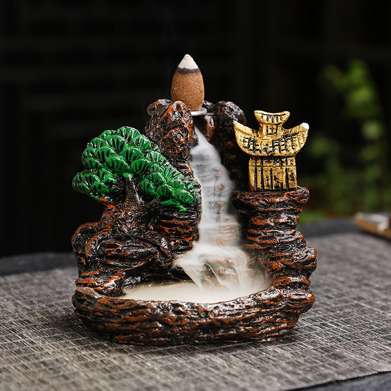 Zen Mountain Waterfall Backflow Incense Burner – Handcrafted Resin Landscape Aromatherapy Smoke Fountain for Home, Office & Meditation
