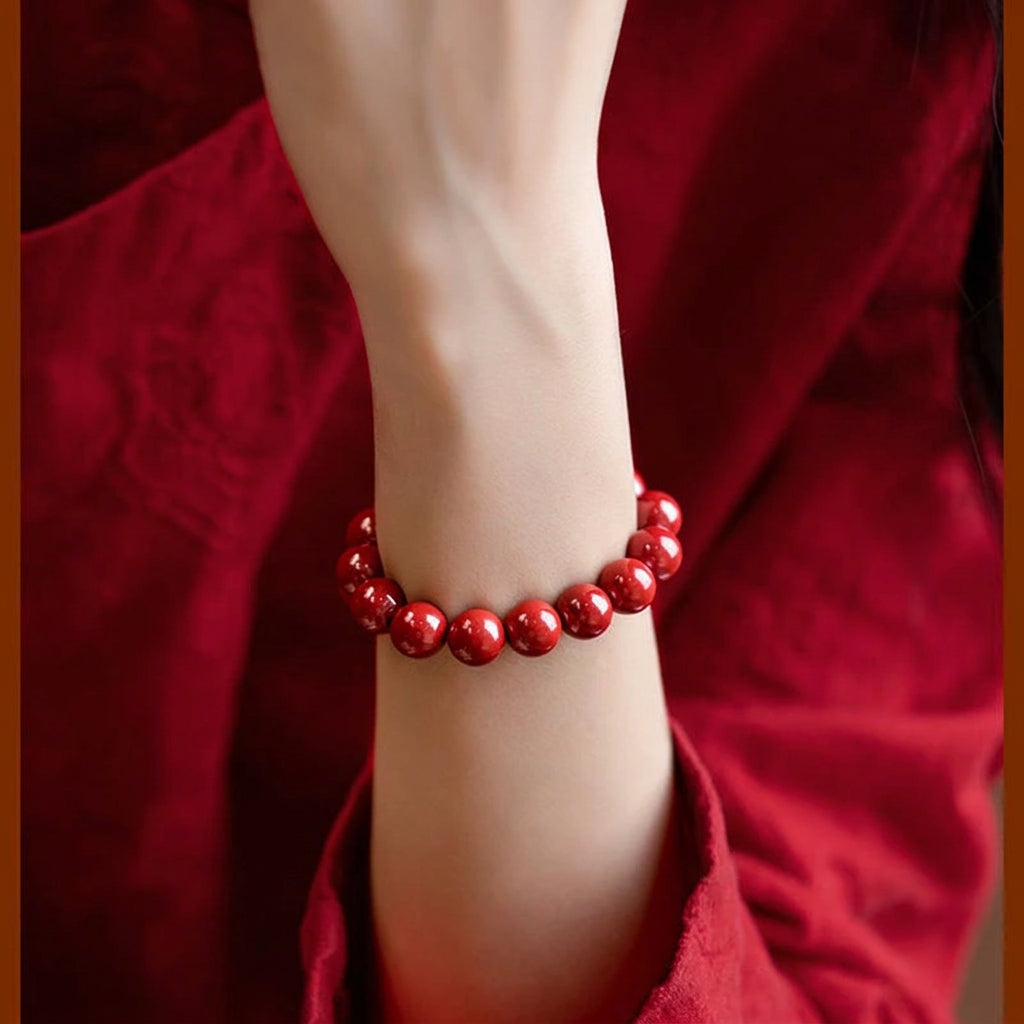 Natural Red Cinnabar Beaded Bracelet - Auspicious Protection & Good Fortune Meditation Jewelry