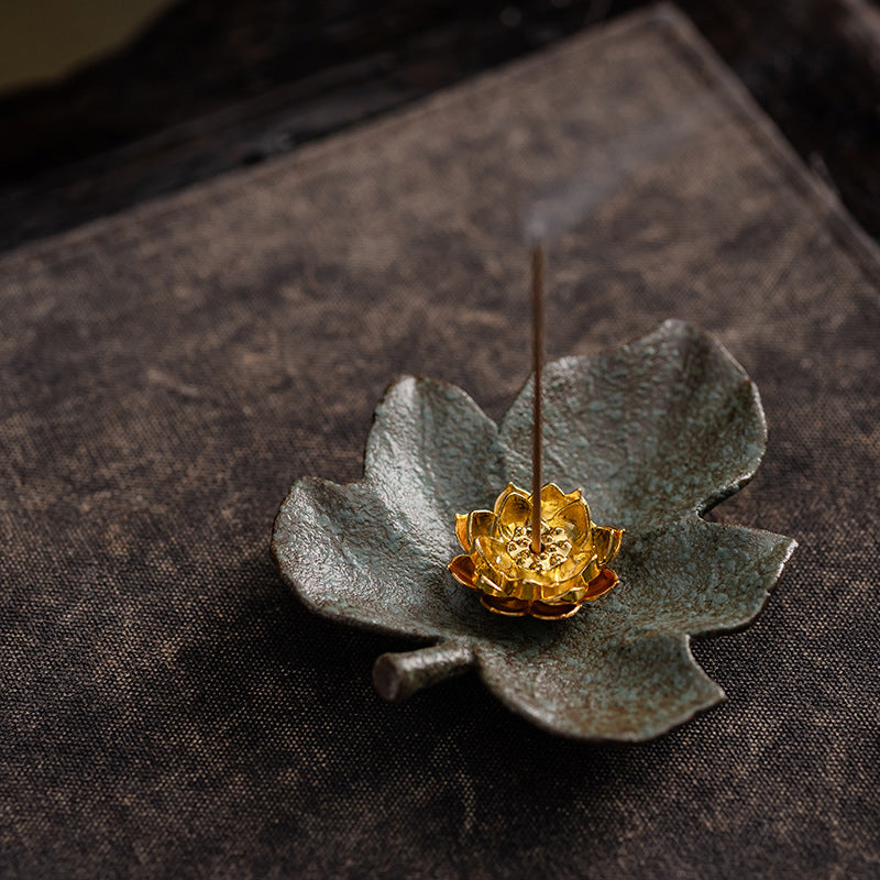 Rustic Ceramic Leaf & Golden Lotus Stick Incense Burner | Zen Ash Catcher Tray