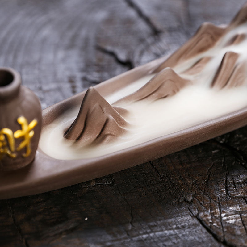 Jingchen Zen Mountain Boat Backflow Incense Burner – Handcrafted Purple Clay Waterfall Smoke & Stick Holder