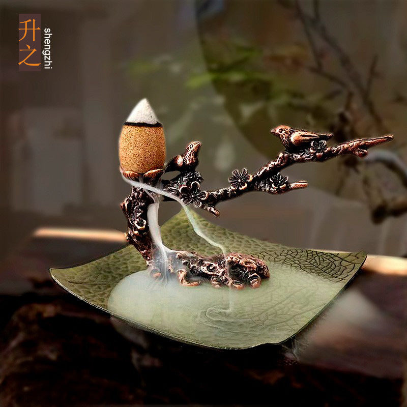 Zen Birds on Plum Blossom Branch Backflow Incense Burner with Leaf Dish