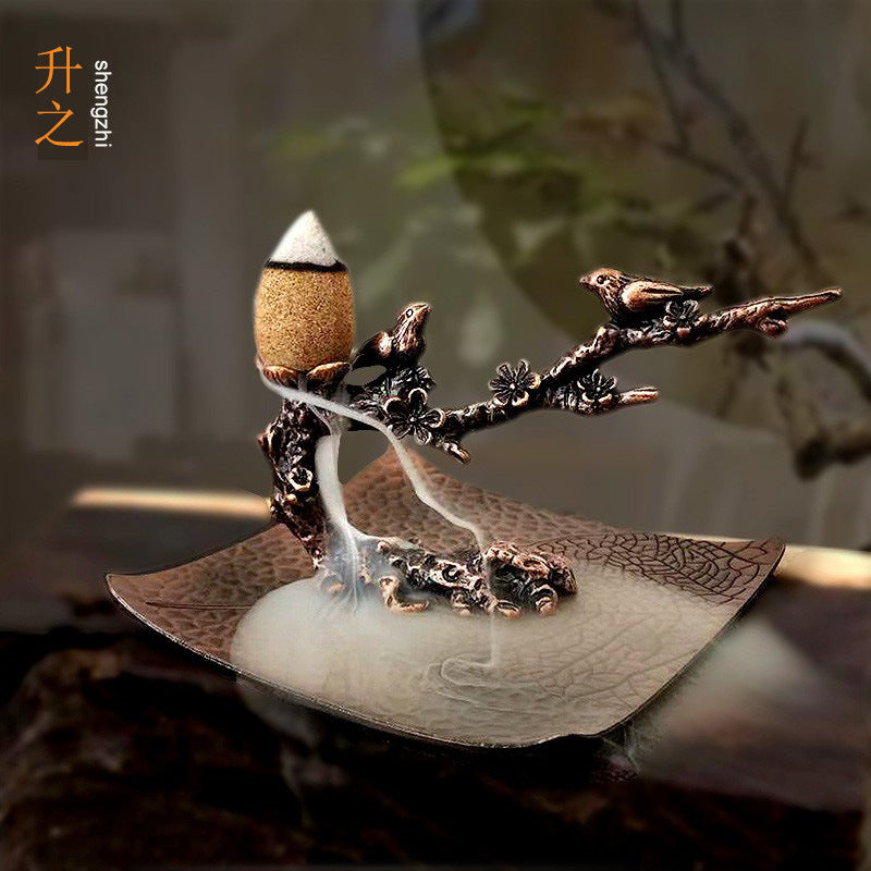 Zen Birds on Plum Blossom Branch Backflow Incense Burner with Leaf Dish
