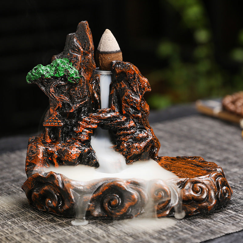 Zen Mountain Waterfall Backflow Incense Burner – Handcrafted Resin Landscape Aromatherapy Smoke Fountain for Home, Office & Meditation