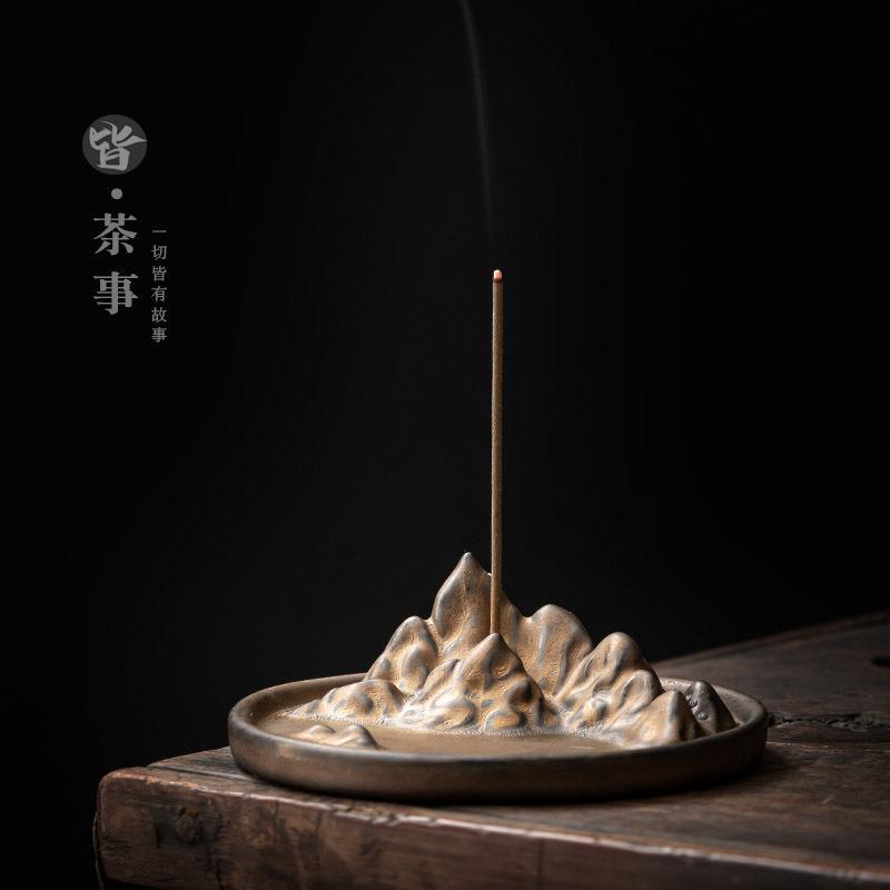 Ceramic Mountain Incense Burner – Vintage Gilded Landscape Ash Catcher for Sticks, Coils & Backflow Cones