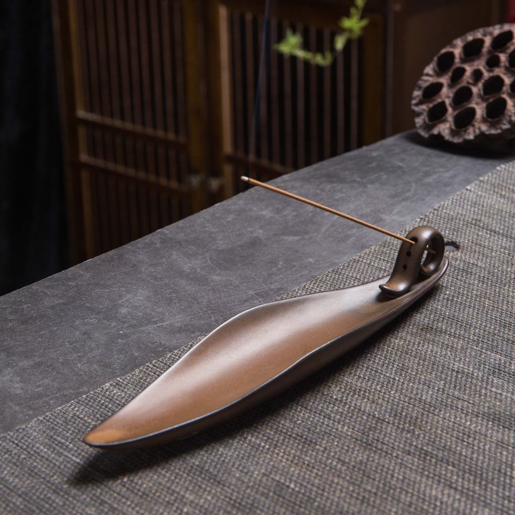Minimalist Ceramic Incense Stick Holder - Zen Boat & Mountain Ash Catcher Tray