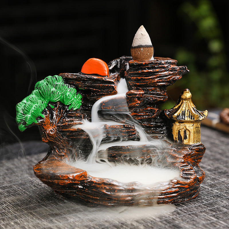 Zen Mountain Waterfall Backflow Incense Burner – Handcrafted Resin Landscape Aromatherapy Smoke Fountain for Home, Office & Meditation